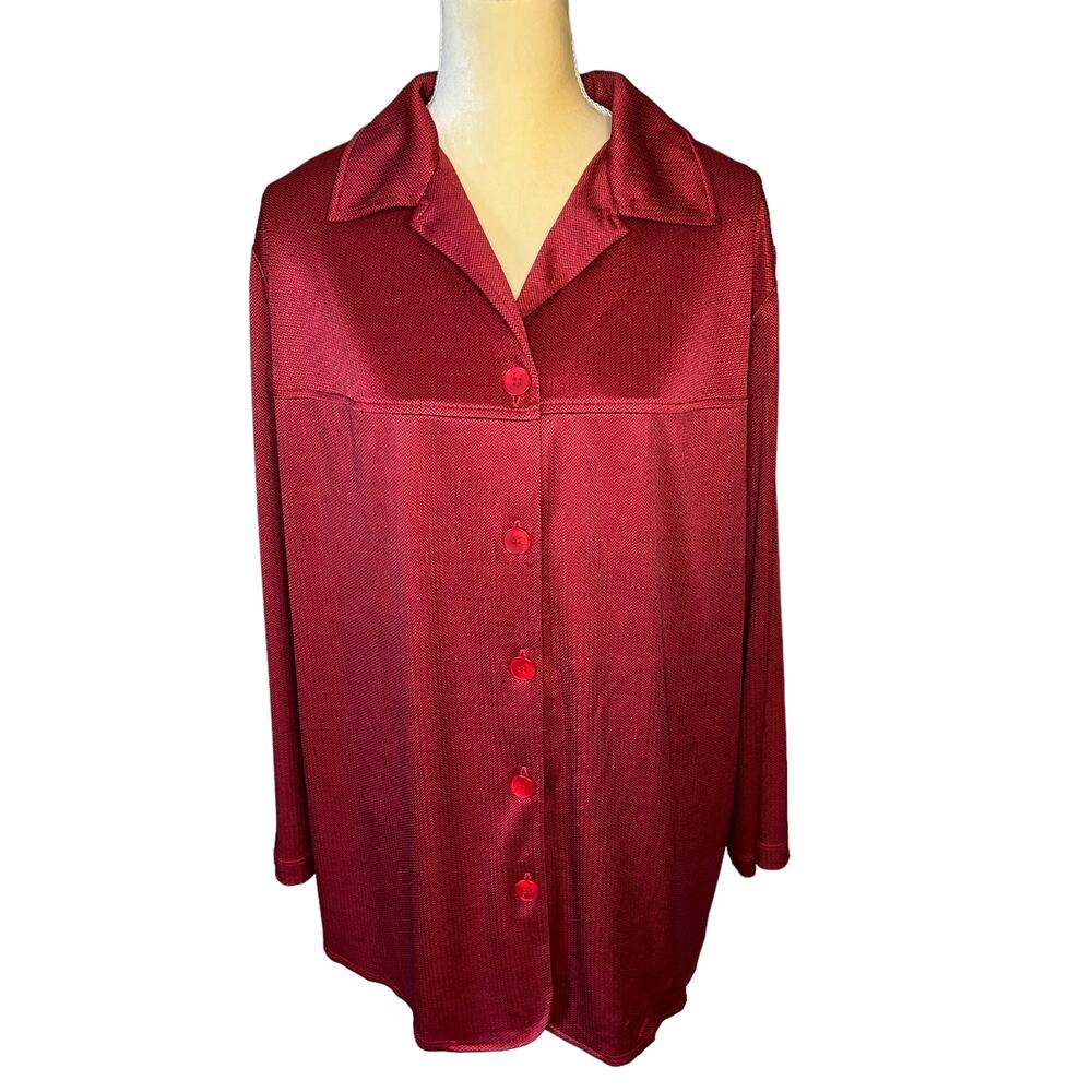 Vikki Vi Red Slinky Blouse Top Boxy Plus Size 1X Button Down D4-34